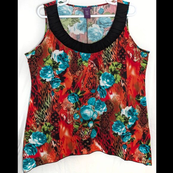 Beverly Drive Tops - Cute BEVERLY DRIVE 2X Floral Multi Pattern Orange & Teal Stretch Sleeveless Top